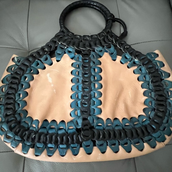 Isabella Fiore Boho April Floral Art Bag Cutout Woven Leather Black Tan - Picture 5 of 5